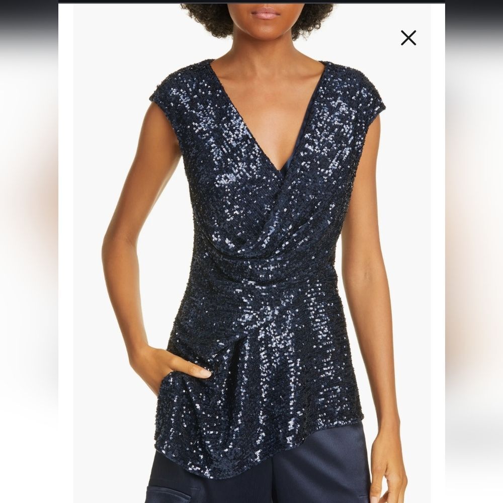 Sies Marjan Neela Navy Sequin Wrap Top Asymmetric Blouse Party Event NWT Sz 2
